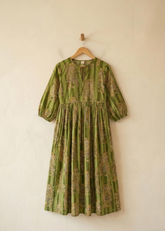green tiger dress Block Print, Cotton Maxi Dress, Cotton Midi Dress, Summer Dress, Indian Bagru Block Print, Bohemian metallic dress womens