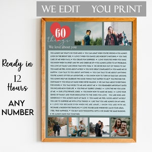 60 Things We Love About You Print, 60 Reasons We Love You, 60 Reasons Why We Love You, 60th Birthday Gift, 60th Anniversary Gift,Couple Gift