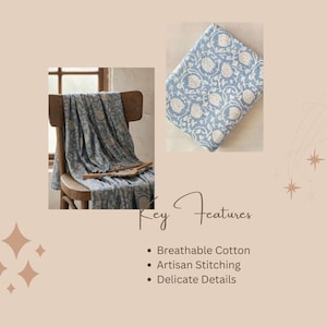 May include: A blue and white floral patterned fabric is draped over a wooden chair and folded. The fabric is also shown folded in a square. The words "Key Features" and bullet points for "Breathable Cotton", "Artisan Stitching", and "Delicate Details" are also shown.