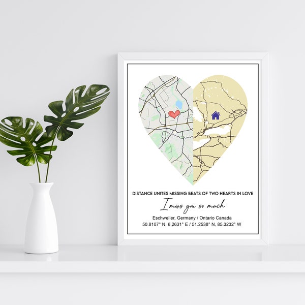 Long Distance, Relationship Gifts, Two Countries Map, 2 Location, 2 Cities Map, Custom Wedding Gift, Anniversary Gift