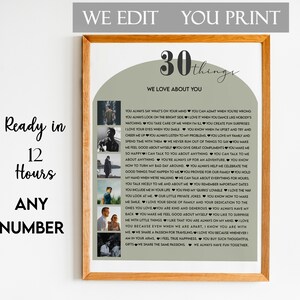 30 Things We Love About You Print, 30 Reasons We  Love You, 30 Reasons Why We Love You, 30 Things for Age 30, Best Friend Birthday Gift