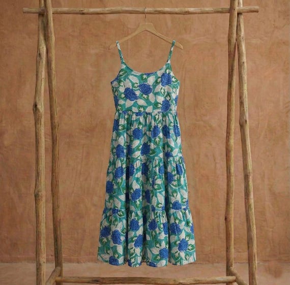 Women Cotton Dress, Indian Block Print, Soft Casual Loose Sundress Sleeveless Maxi Dresses Plus Size Clothes
