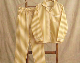 Hand Block Print, Cotton Pajama Set, Yellow Stripe Summer Nightwear, Bohemian Sleepwear, Women Loungewear with pants, Bridesmaid PJ's