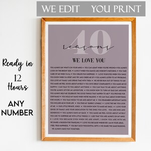 40 Reasons We  Love You Print, 40 Things We Love About You, 40 Reasons Why We Love You, 40th Birthday Gift, Gift for Friend, Christmas Gift
