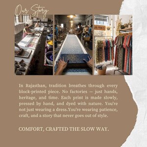 May include: A collage of images depicting the creation of block-printed textiles. The process involves hand-printing, dyeing, and the display of finished dresses. Text reads "Our Story" and "COMFORT, CRAFTED THE SLOW WAY."