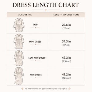 May include: A dress length chart featuring four black line-art illustrations of garments labeled Top, Mini Dress, Semi Midi Dress, and Midi Dress with corresponding lengths of 27.6 in, 34.3 in, 43.3 in, and 49.2 in, including a disclaimer at the bottom.