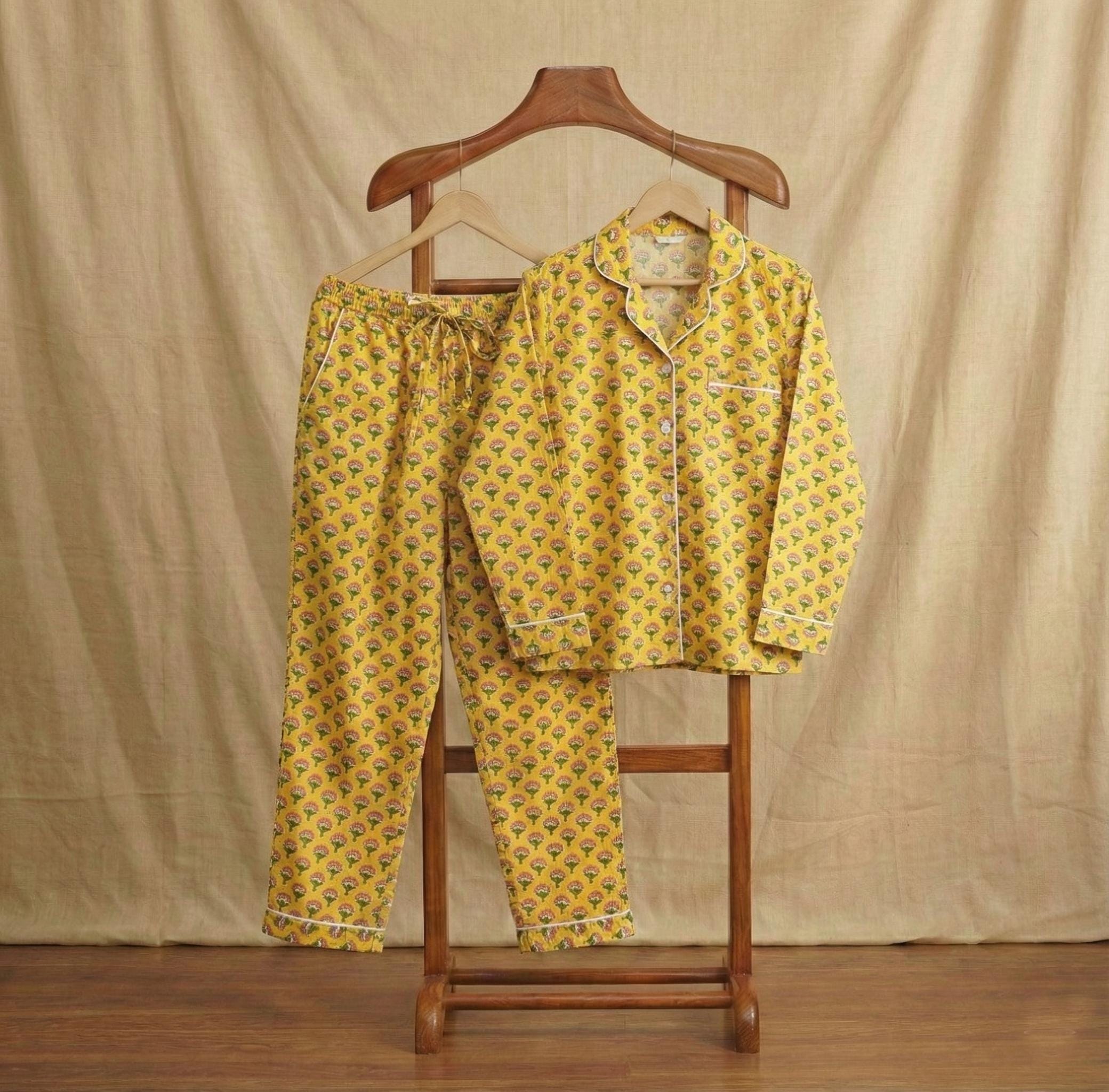 Handmade Cotton Pajama Set, Yellow Summer Nightwear, Bohemian Sleepwear, Women Loungewear with pants, Bridesmaid PJ's