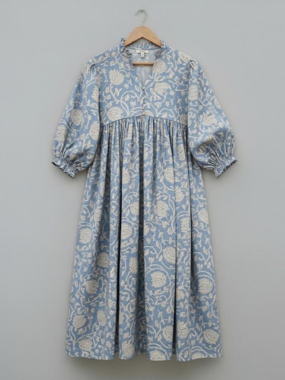 Floral Block Print, Cotton Maxi Dress, Cotton Midi Dress, Summer Dress, Indian Bagru Block Print, Blue Bohemian Dress