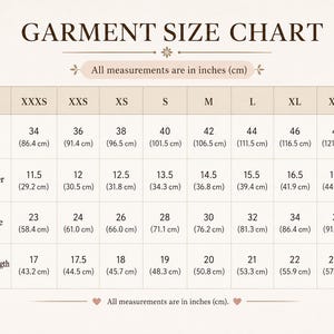 May include: A beige garment size chart with brown text and floral accents. The table lists measurements for bust, shoulder, armhole, and sleeve length in inches and centimeters for sizes ranging from XXXS to 3XL, with icons for each category.
