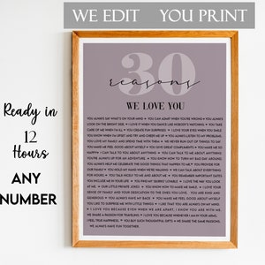 30 raisons pour lesquelles nous t’aimons cadeau, cadeau d’anniversaire, cadeau d’anniversaire, cadeau d’anniversaire de maman, 30 choses sur papa, cadeau pour les amis anniversaire imprimer