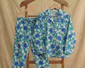 Hand Block Print, Cotton Pajama Set, Summer Nightwear, Bohemian Sleepwear, Women Loungewear with pants, Bridesmaid PJ's, Block Print