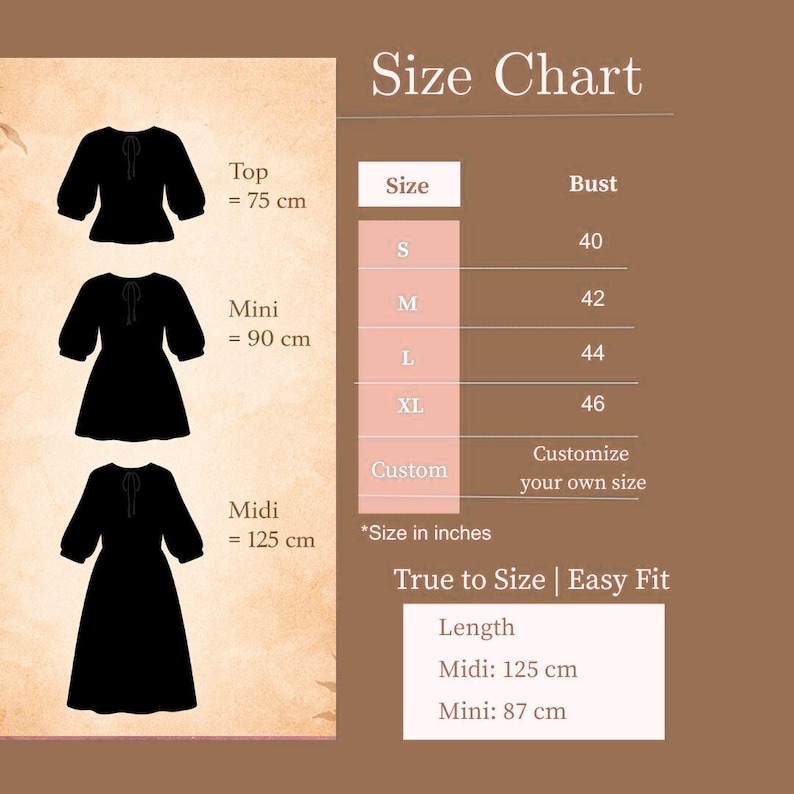 May include: A size chart for clothing, featuring silhouettes of a top, mini dress, and midi dress. Measurements are in centimeters, with bust sizes ranging from 40 to 46 inches. The chart includes options for custom sizing and indicates a true-to-size, easy fit.
