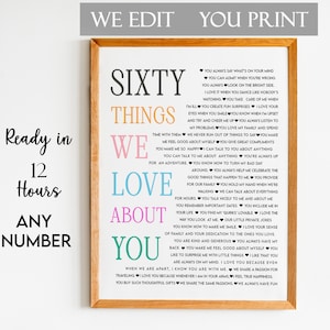 Cadeau 60 raisons pour lesquelles nous vous aimons, cadeau d'anniversaire, cadeau d'anniversaire, cadeau d'anniversaire de maman, 60 choses sur papa, cadeau pour un ami, impression d'anniversaire