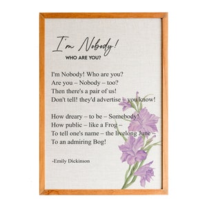 Emily Dickinson, I&#39;m Nobody Who are you? Emily Dickinson Poem, Emily Dickinson Quotes, Literary Gift, Printable Wall Art, Office Décor, Wall