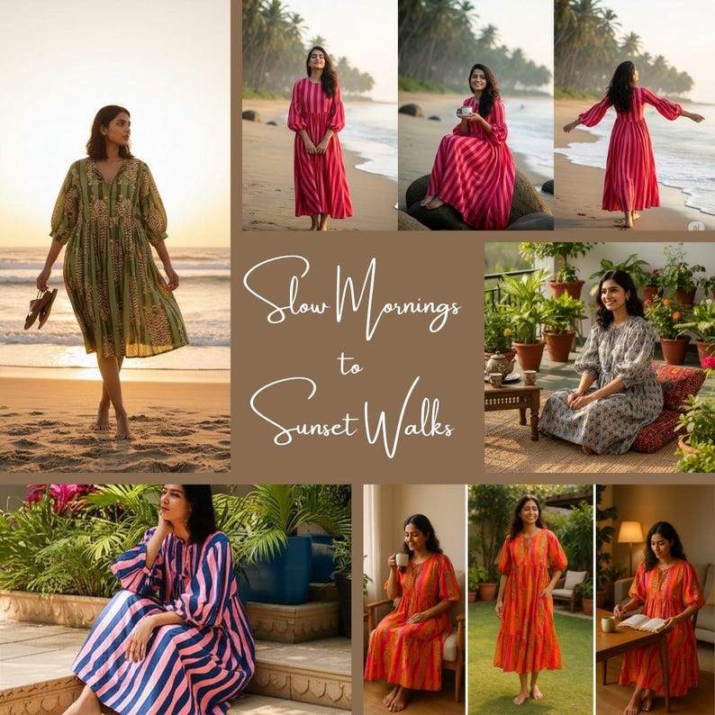 May include: A collage of women wearing various dresses in different settings. The dresses feature patterns and colors like green, pink, and orange. The text "Slow Mornings to Sunset Walks" is overlaid on the image, suggesting a relaxed lifestyle.