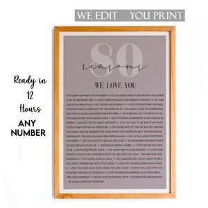 80 Reasons We  Love You Print, 80 Things We Love About You, 80 Reasons Why We Love You, 80th Birthday Gift, Gift for Friend, Christmas Gift