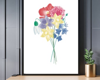 Colored Birth Flower Bouquet Custom Line Art Drawing with 6-9 Birth Flowers | Custom Birth Flower Bouquet Art