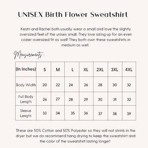 May include: Unisex sweatshirt size chart in inches. The chart shows the body width, full body length, and sleeve length for sizes S through 4XL.