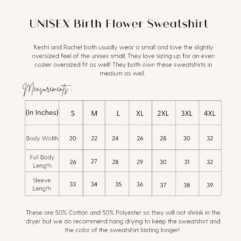May include: Unisex sweatshirt size chart in inches. The chart shows the body width, full body length, and sleeve length for sizes S through 4XL.