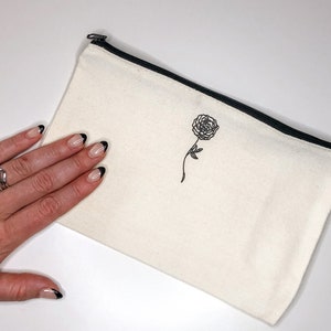 Small Makeup Bag, Personalized with single birth flower, Birthday Month, Pen or pencil case, Custom Canvas Pouch, School Supplies, Craft Bag