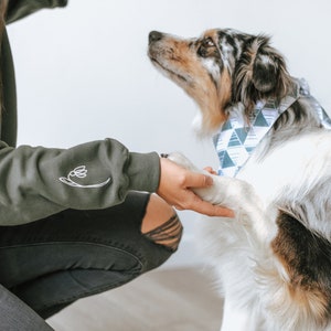 May include: A person wearing a dark green sweatshirt with a white floral design on the sleeve is interacting with a tri-colored Australian Shepherd dog wearing a blue and white geometric patterned bandana.