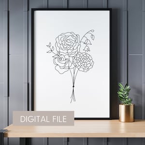 Birth Flower Bouquet Custom Line Art Drawing with 2-5 Birth Flowers | Custom Birth Flower Bouquet Art | Beautiful Birth Flowers