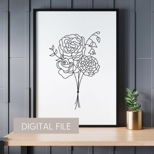 Birth Flower Bouquet Custom Line Art Drawing with 6-9 Birth Flowers | Custom Birth Flower Bouquet Art