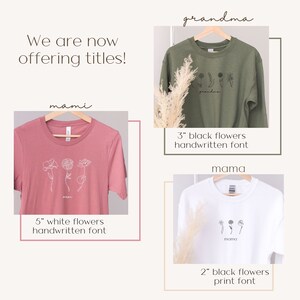 May include: Three t-shirts with different floral designs and titles: "grandma", "mami", and "mama". The designs feature black and white flowers with handwritten fonts. The t-shirts are available in different colors: green, pink, and white.