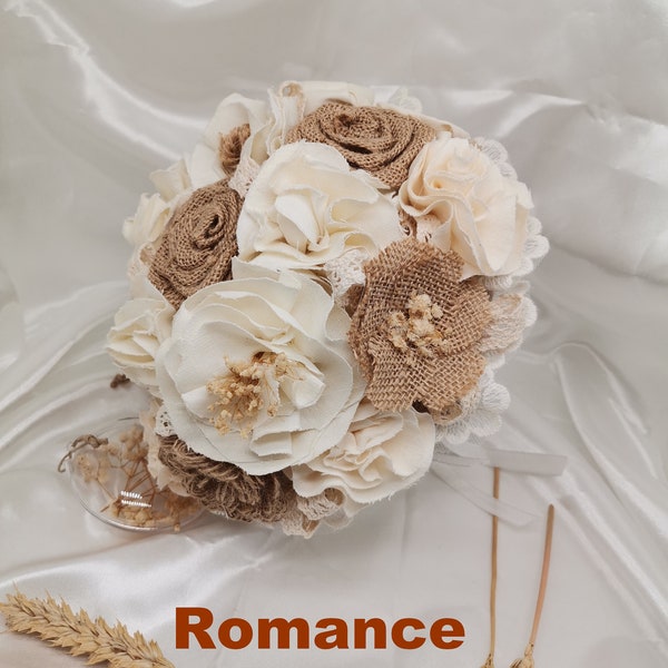 Bouquet de mariée Romance original en tissus et toile de jute ,wedding demoiselle d'honneur .Boutonnière et bracelet assorti.Personnalisable
