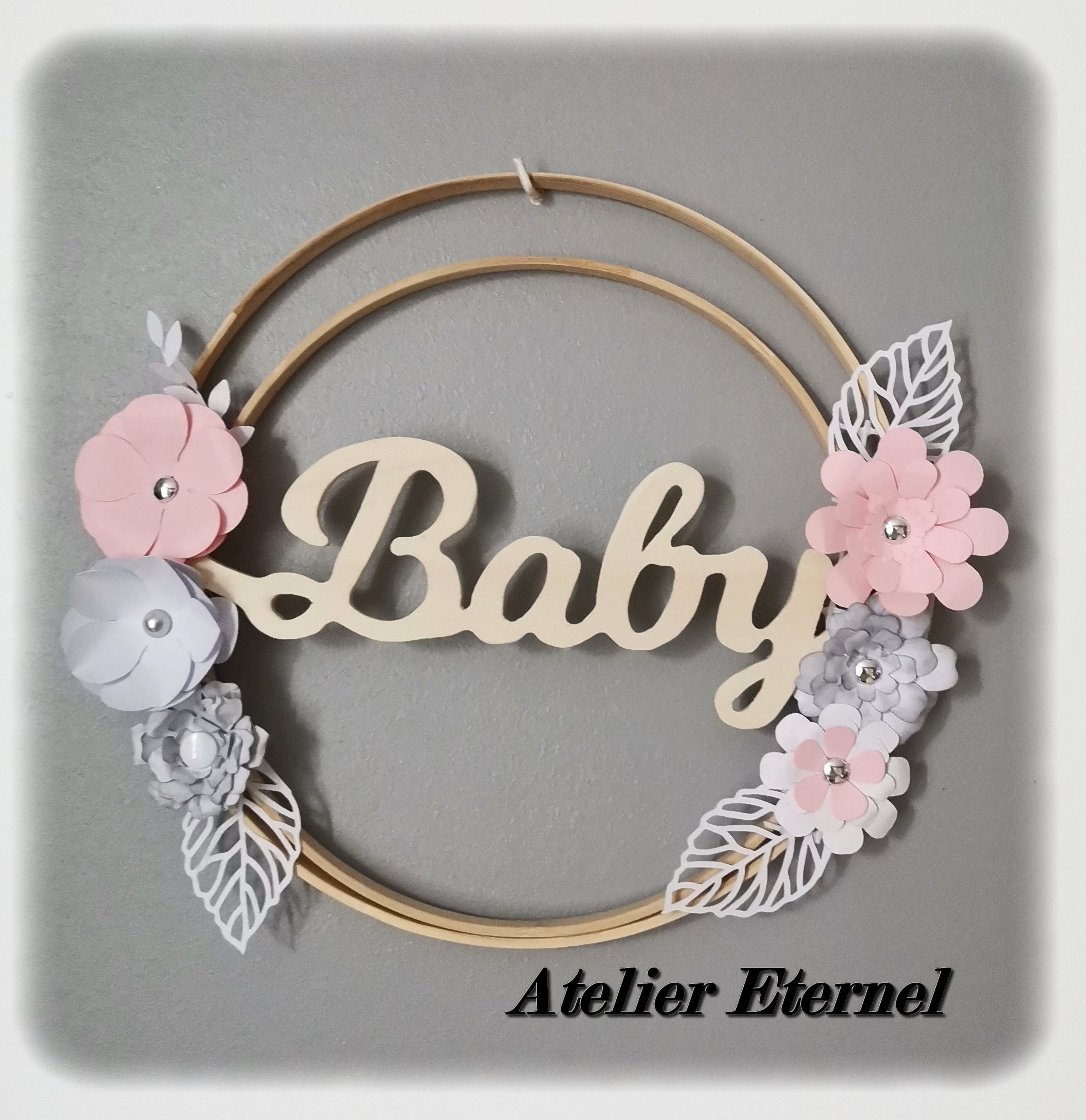 Couronne Double en Bois. Fleurs Papier Cartonné .décoration .cadeau Naissance, Anniversaire , Babysh