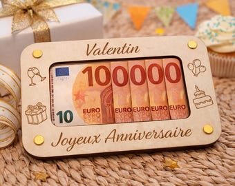 Étui à billets personnalisé en bois – Cadeau anniversaire original. Porte billet.