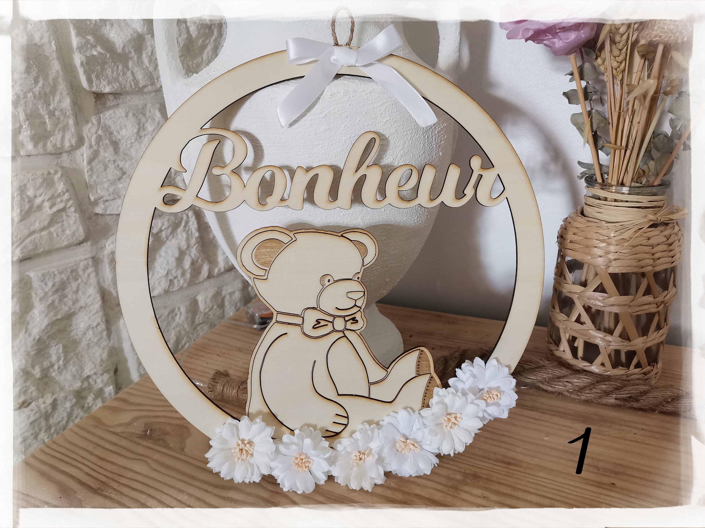 Couronne Décoration Pour Enfant.couronne Bois avec Ours à Personnaliser .décorée de Fleurs .cadeau N