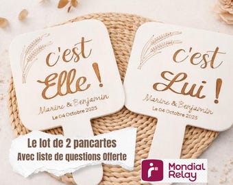 Pancarte jeu mariage Lot de 2 pancartes Questions Offerte ,Elle et Lui Animation mariage Jeu couple personnalisable