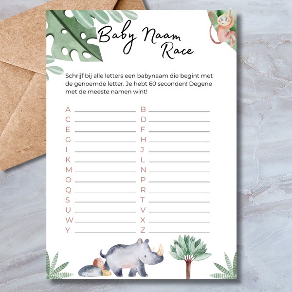 Babyshower spel download - Baby naam race - Safari Dieren Stijl - invulkaart - Nederlands