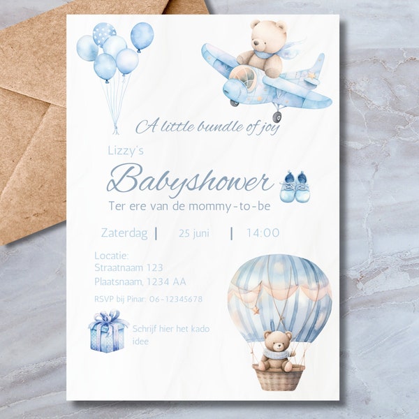 Babyshower Uitnodiging Blauw - Download - A4, A5, A6 PDF