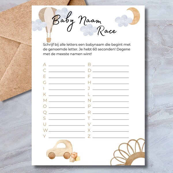 Babyshower spel download - Baby Naam Race - Beige Boho Stijl - Nederlands