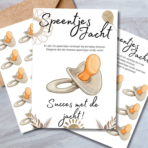 Speentjes Jacht Spel - Beige Boho Stijl - Babyshower Download - Nederlands