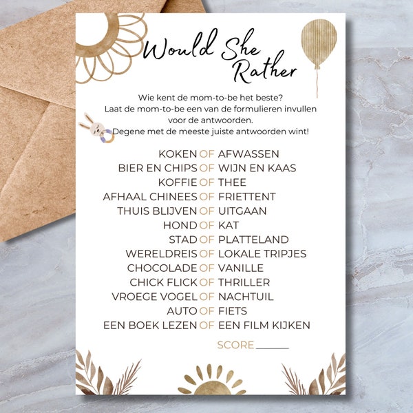 Babyshower Would She Rather? Spel - Beige Boho Thema - Download - Nederlands