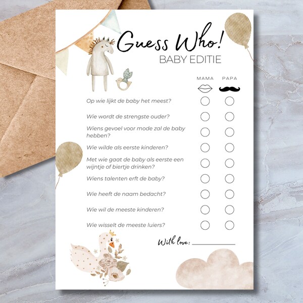 Babyshower Guess Who! Spel - Beige Boho Thema - Direct Downloaden - Nederlands