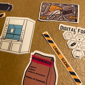May include: A set of crime scene stickers featuring a brown paper bag labelled "EVIDENCE" with a red tape, a yellow and black striped crime scene tape, a digital forensics icon, a fingerprint, a knife in a plastic bag, and a white cabinet with a blue interior.