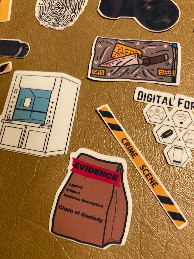 May include: A set of crime scene stickers featuring a brown paper bag labelled "EVIDENCE" with a red tape, a yellow and black striped crime scene tape, a digital forensics icon, a fingerprint, a knife in a plastic bag, and a white cabinet with a blue interior.