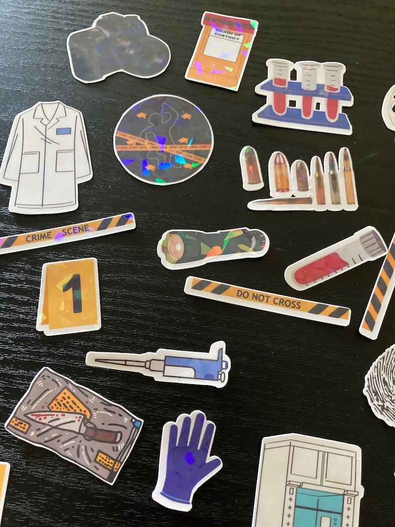 May include: A collection of crime scene investigation themed stickers. The stickers include a lab coat, crime scene tape, a flashlight, a pair of blue gloves, a test tube, a gun, a camera, a fingerprint, a knife, a chain of custody envelope, and a number one evidence marker.