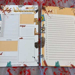 May include: Two yellow and white planner pages with a crime scene theme. The left page has a daily planner with a time column and a section for activities, good things, and notes. The right page is a to-do list with a section for notes. Both pages have a variety of crime scene related graphics, including a skull and crossbones, a fingerprint, a microscope, a bullet, and a pair of rubber gloves.