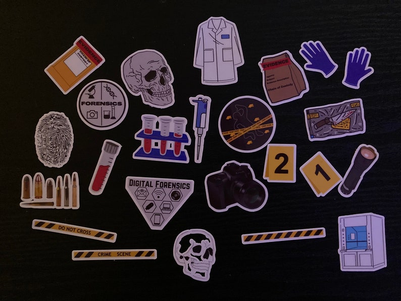May include: A collection of stickers featuring various crime scene and forensic science related imagery. The stickers include a skull, a lab coat, crime scene tape, a camera, test tubes, a fingerprint, a knife, a flashlight, and crime scene tape with the text "DO NOT CROSS" and "CRIME SCENE".