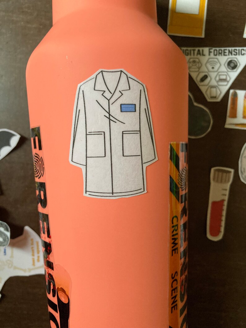 May include: A pink water bottle with a white lab coat sticker on it. The sticker has a blue name tag on the left pocket. The bottle has a black and yellow sticker that says "FORENSIC CRIME SCENE".