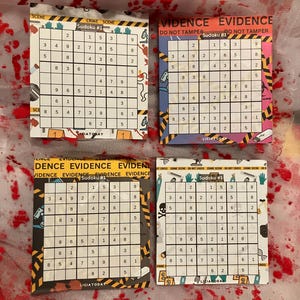 May include: Four square Sudoku puzzles with a crime scene theme. Each puzzle is labeled "Sudoku #1" and includes the text "Evidence" and "Do Not Tamper". The puzzles are on a white surface with red splatters.