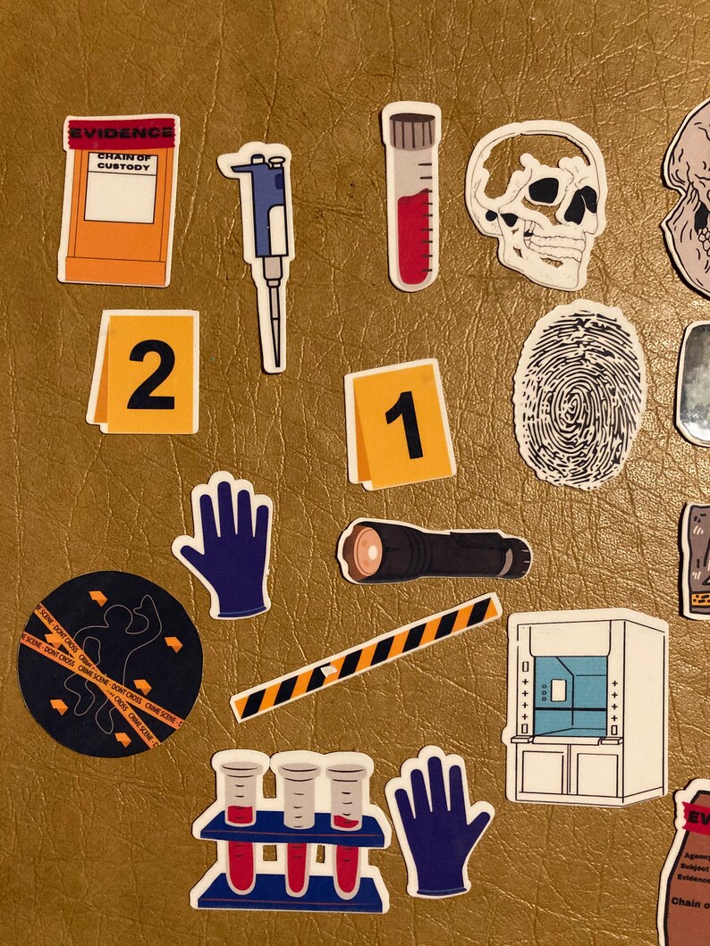 May include: A collection of crime scene investigation stickers featuring a skull, fingerprint, evidence bag, test tubes, gloves, a flashlight, crime scene tape, and evidence markers.