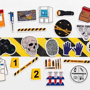 May include: A collection of forensic science themed stickers featuring a camera, skull, fingerprint, lab coat, test tubes, bullets, evidence bags, crime scene tape, and various scientific icons with text including Evidence, Digital Forensics, and Do Not Cross.