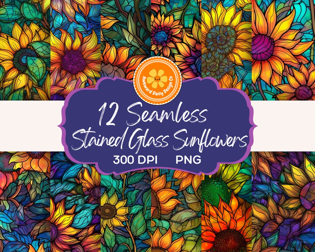 12 Stained Glass Sunflowers Seamless Digital Papers, Patterns ...