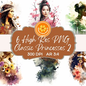 6 klassische Prinzessinnen, Pocahontas Rapunzel Mulan Moana Tiana, Scrapbookpapier, AI Digital Art, 300 DPI, Hochformat, kommerzielle Nutzung